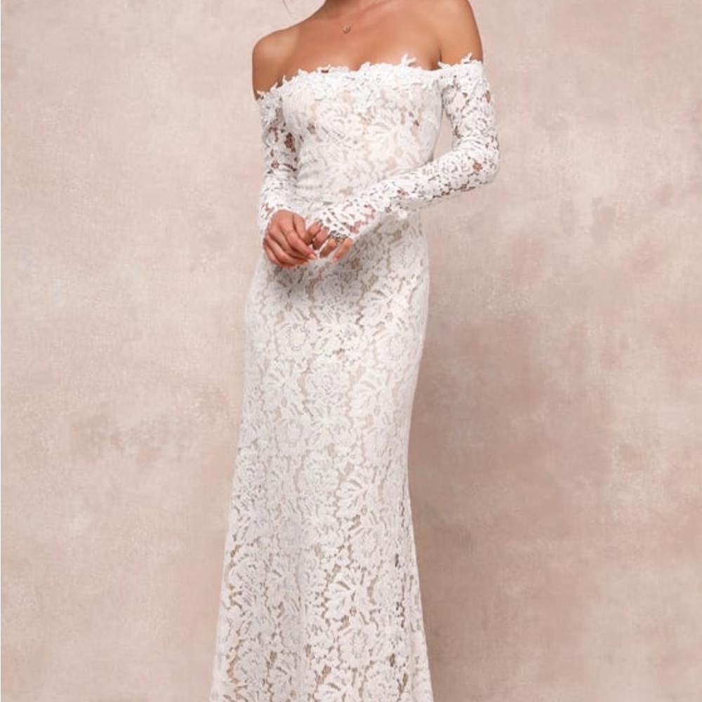 Lulu’s Romance Dreamer White Lace Off-the-Shoulder Maxi Dress